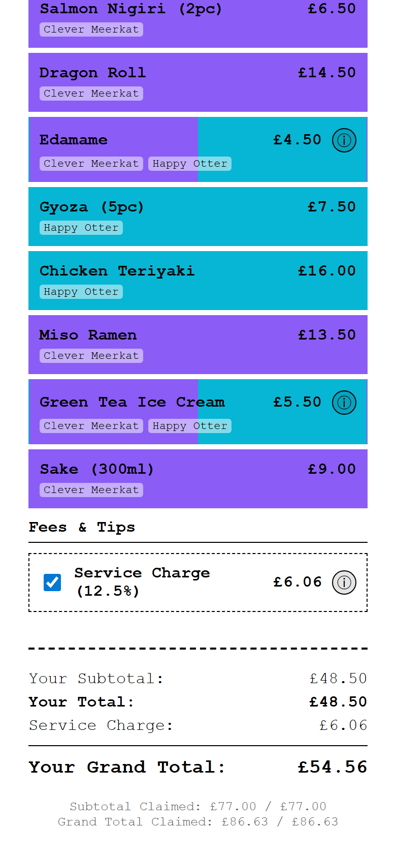 Guest view showing split totals