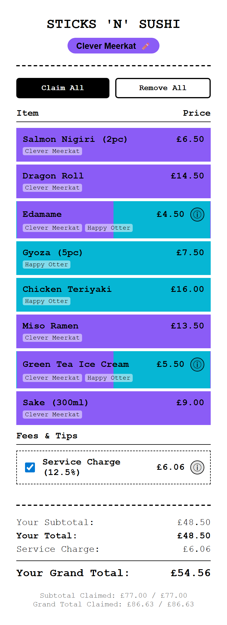 Full guest view showing the complete bill with all participants and their claimed items